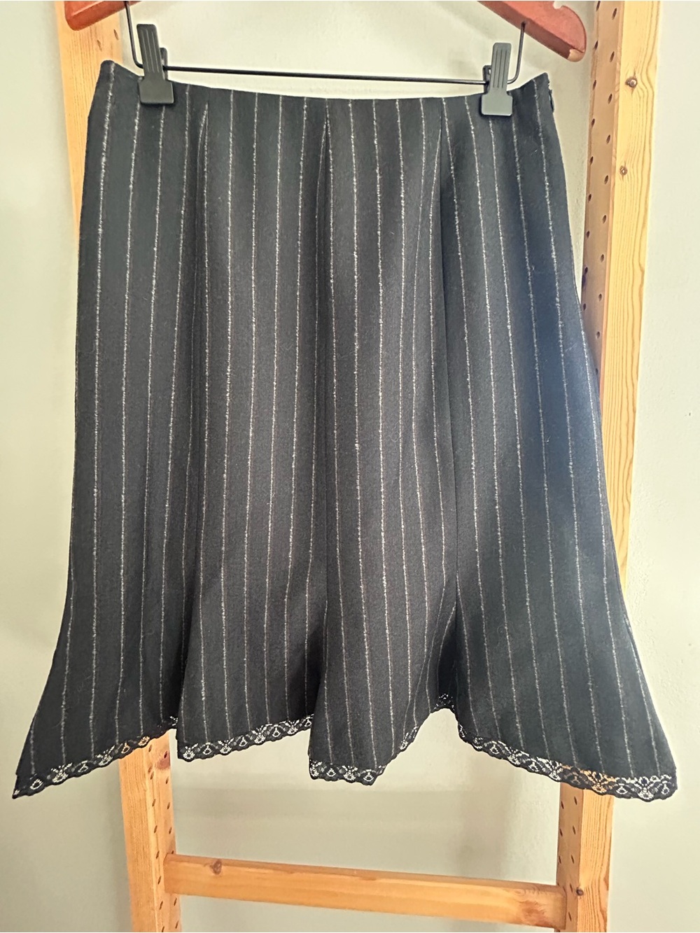 Charles Gray London Black Pinstripe Fit & Flare Skirt with Lace Hem Sz L